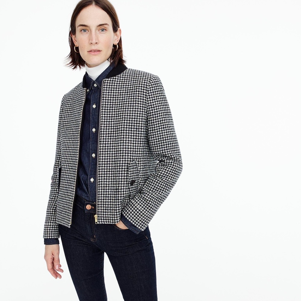 J. Crew Women's Black Houndstooth Bomber Jacket Size S Blazer Full Zip NWT Wool
